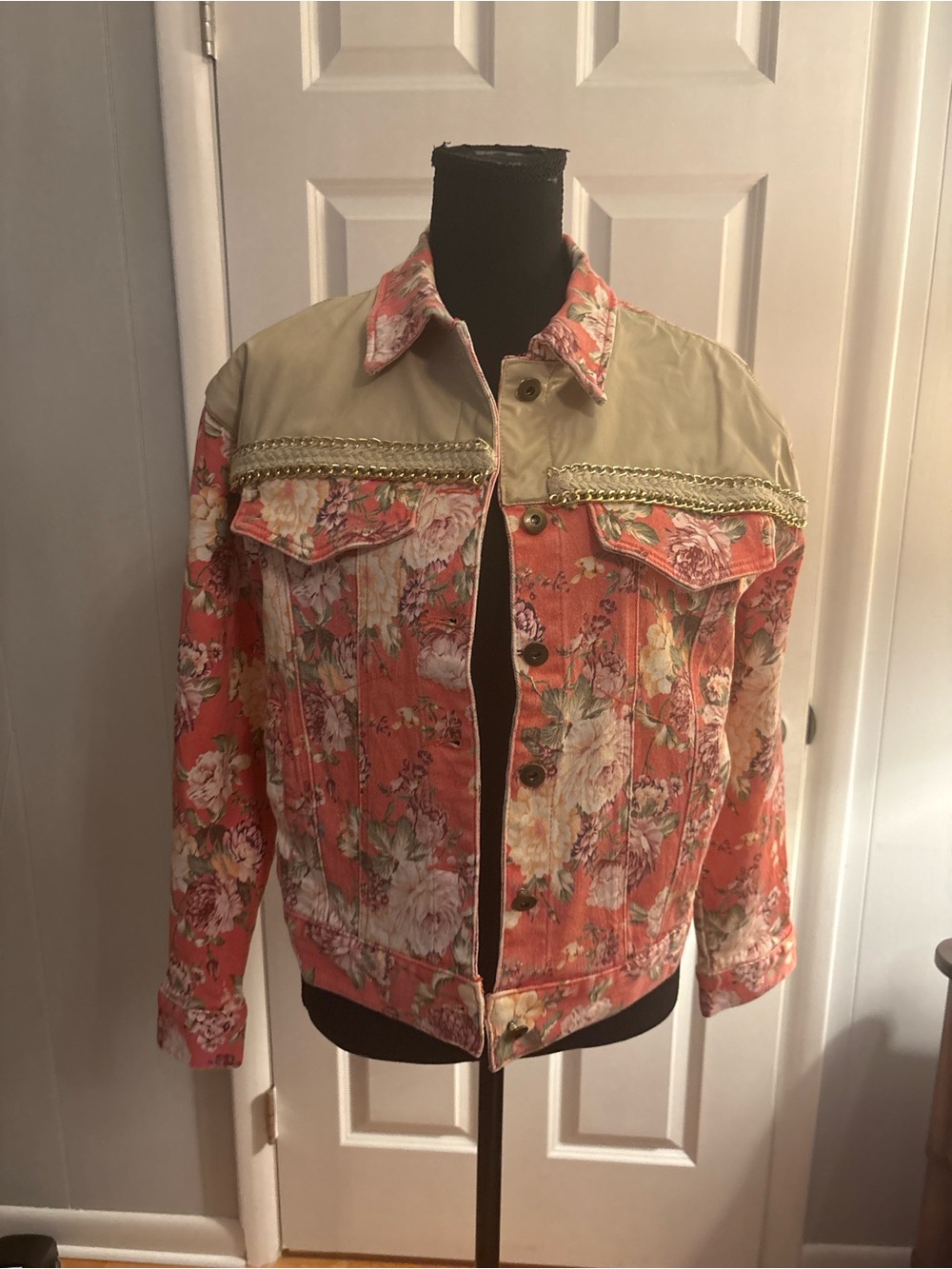 Endless Rose Floral Denim Jacket Mixed Media Faux Leather Chain Trim Coral Pink